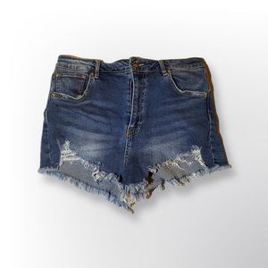 LOVE TREE DENIM BLUE DISTRESSED DENIM SHORTS SIZE L